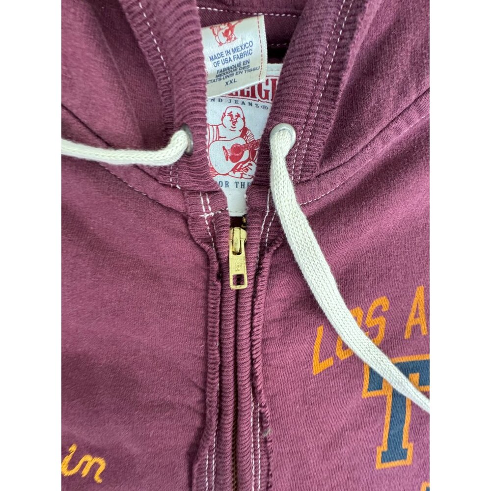 True Religion Mens XXL Maroon Hoodie Jacket Flatlock Zip LA 1956 Captain Graphic - Picture 3 of 15